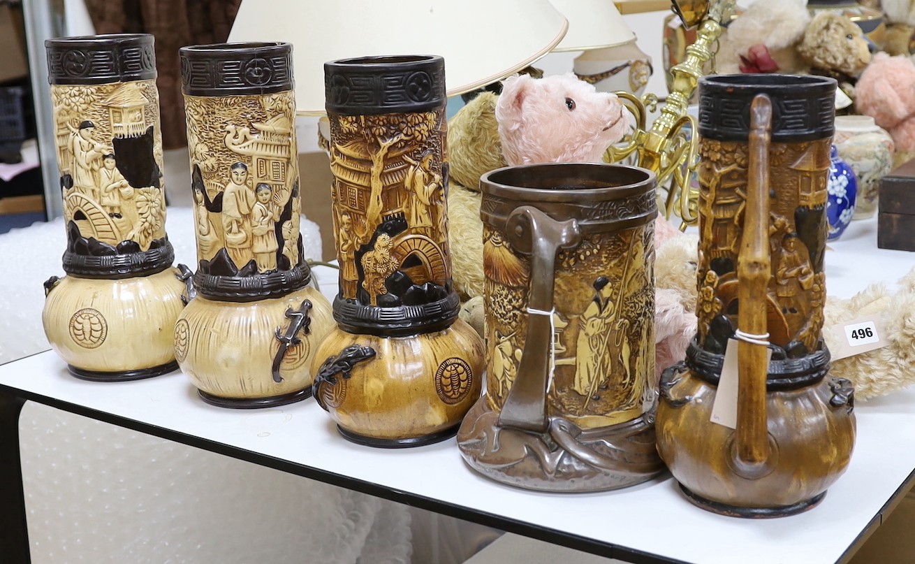 Five Bretby chinoiserie vases 36cm